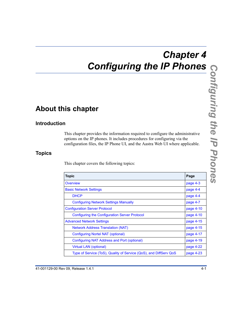Chapter 4 configuring the ip phones, About this chapter, About this chapter -1 | Chapter 4, Chapter 4, “configuring the ip, Phones, Chapter 4, “configuring, The ip phones, For more information, Configuring the ip phones | Aastra Telecom SIP 480I User Manual | Page 57 / 504