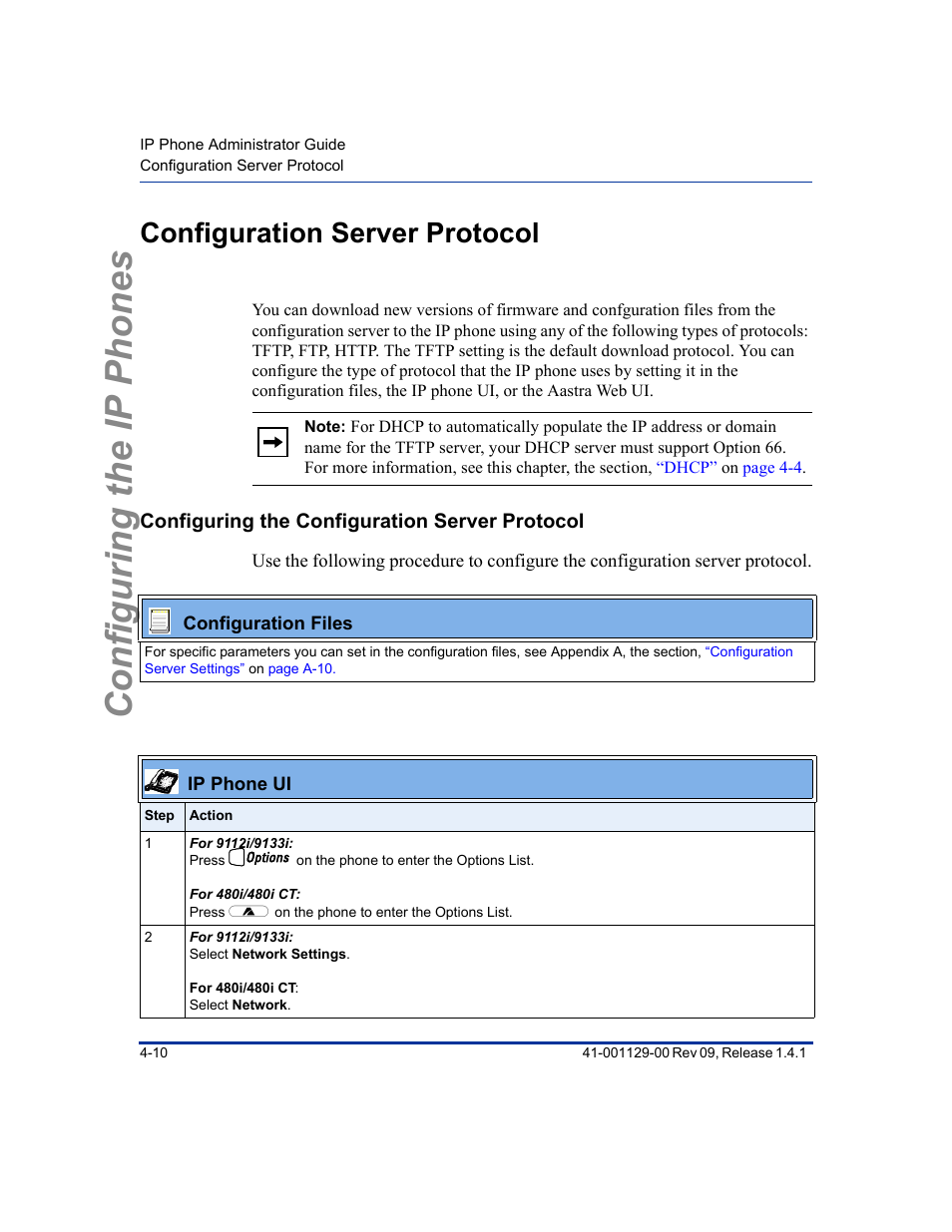 Configuration server protocol, Configuring the configuration server protocol, Configuration server protocol -10 | Configuring the configuration server protocol -10, Configuring the ip phones | Aastra Telecom SIP 480I User Manual | Page 66 / 504