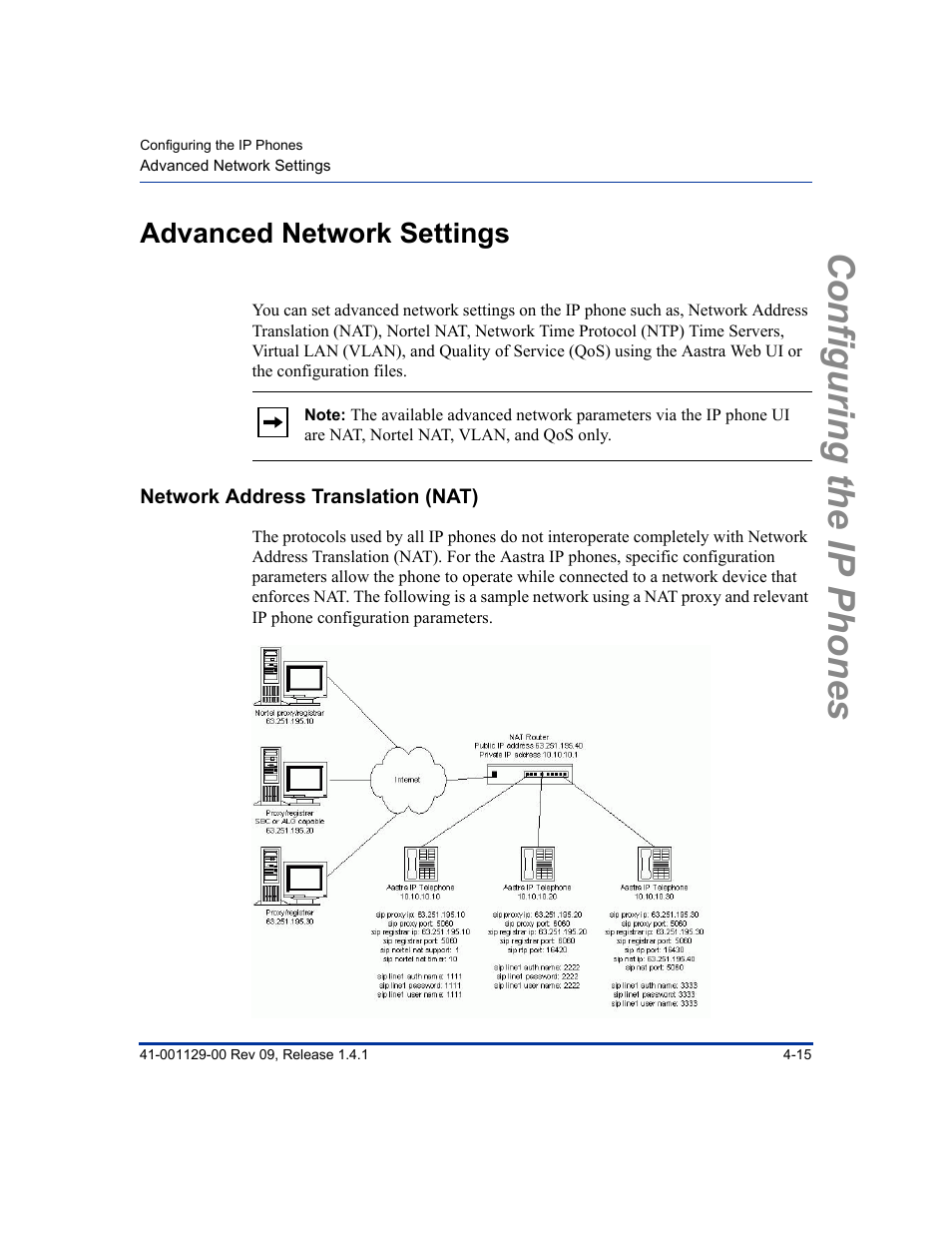 Advanced network settings, Network address translation (nat), Advanced network settings -15 | Network address translation (nat) -15, Configuring the ip phones | Aastra Telecom SIP 480I User Manual | Page 71 / 504