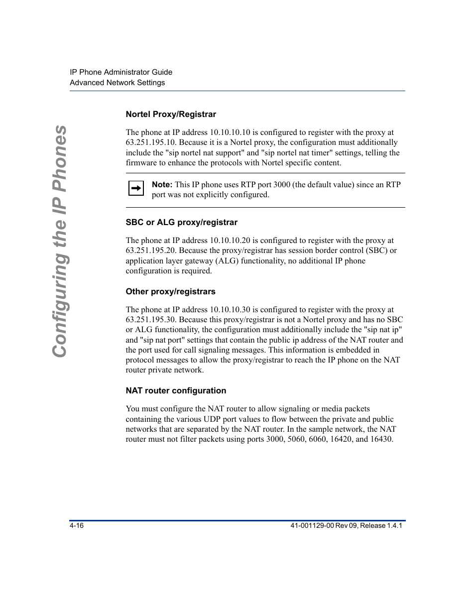 Nortel proxy/registrar, Sbc or alg proxy/registrar, Other proxy/registrars | Nat router configuration, Configuring the ip phones | Aastra Telecom SIP 480I User Manual | Page 72 / 504