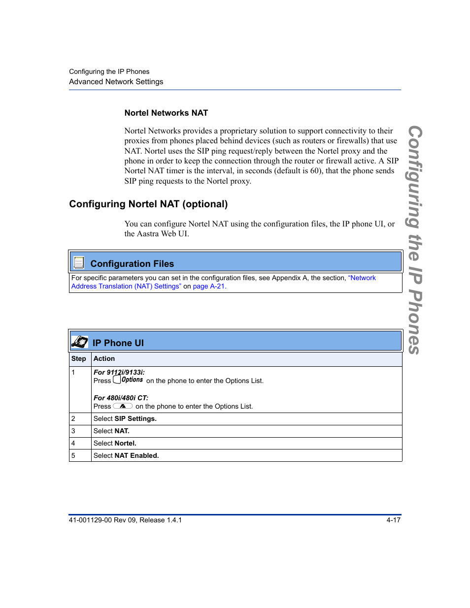 Nortel networks nat, Configuring nortel nat (optional), Configuring nortel nat (optional) -17 | Configuring the ip phones | Aastra Telecom SIP 480I User Manual | Page 73 / 504