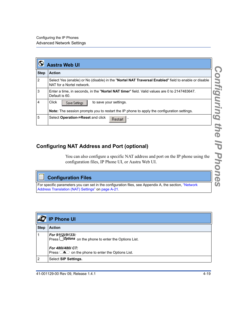 Configuring nat address and port (optional), Configuring nat address and port (optional) -19, Configuring the ip phones | Aastra Telecom SIP 480I User Manual | Page 75 / 504