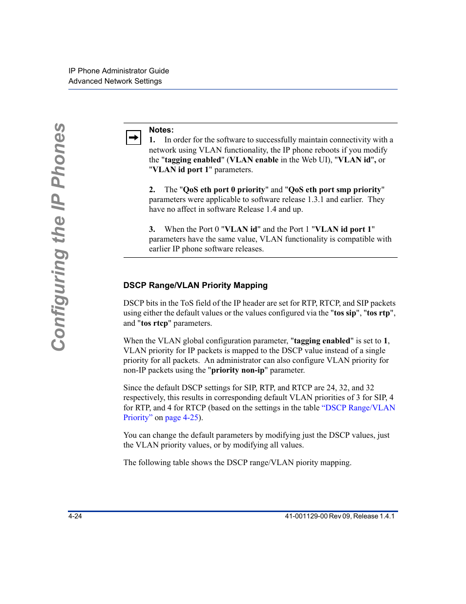 Dscp range/vlan priority mapping, Configuring the ip phones | Aastra Telecom SIP 480I User Manual | Page 80 / 504