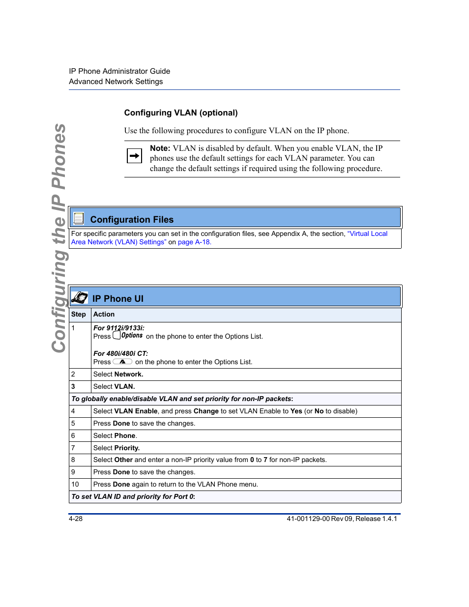 Configuring vlan (optional), Configuring the ip phones | Aastra Telecom SIP 480I User Manual | Page 84 / 504