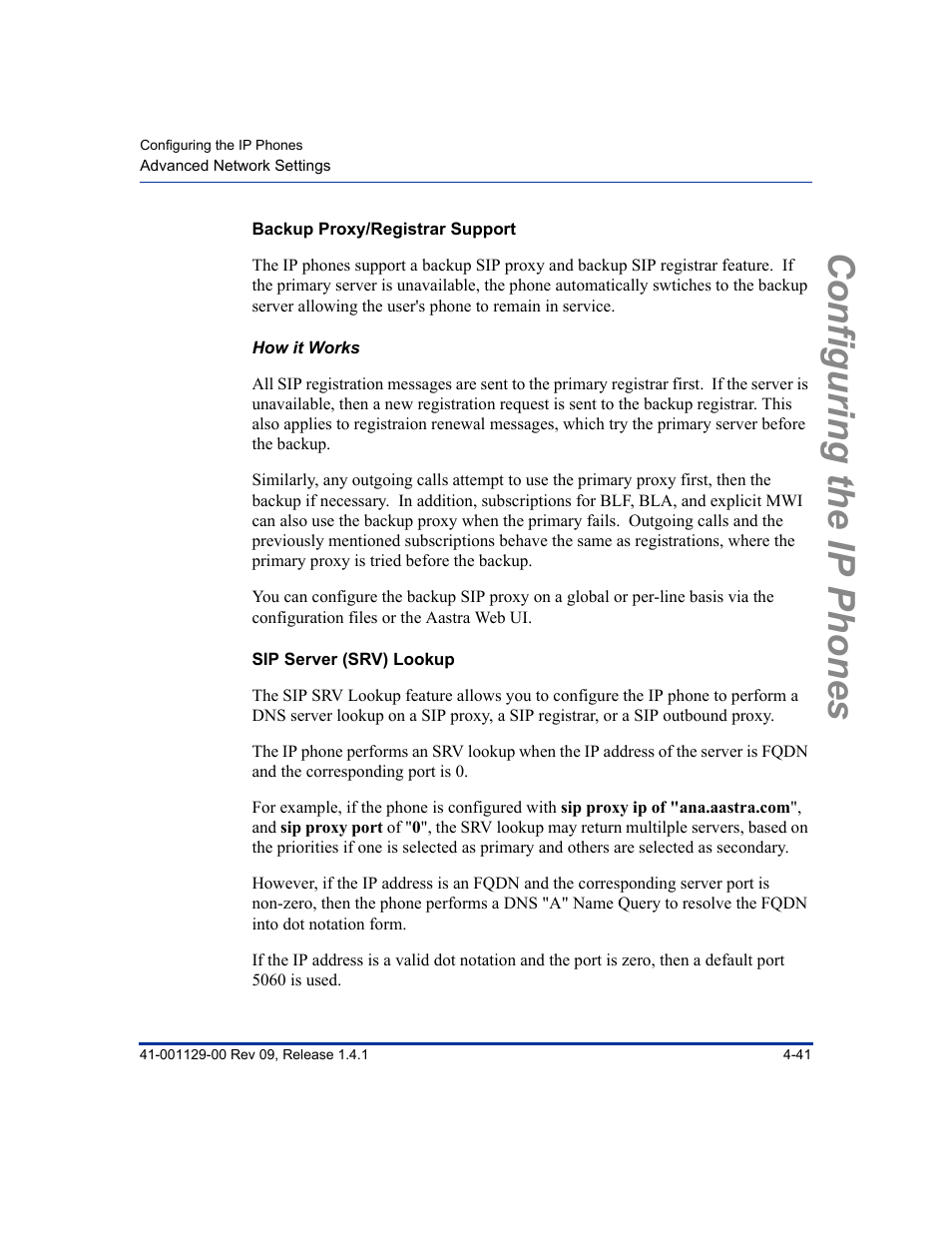 Backup proxy/registrar support, How it works, Sip server (srv) lookup | Configuring the ip phones | Aastra Telecom SIP 480I User Manual | Page 97 / 504