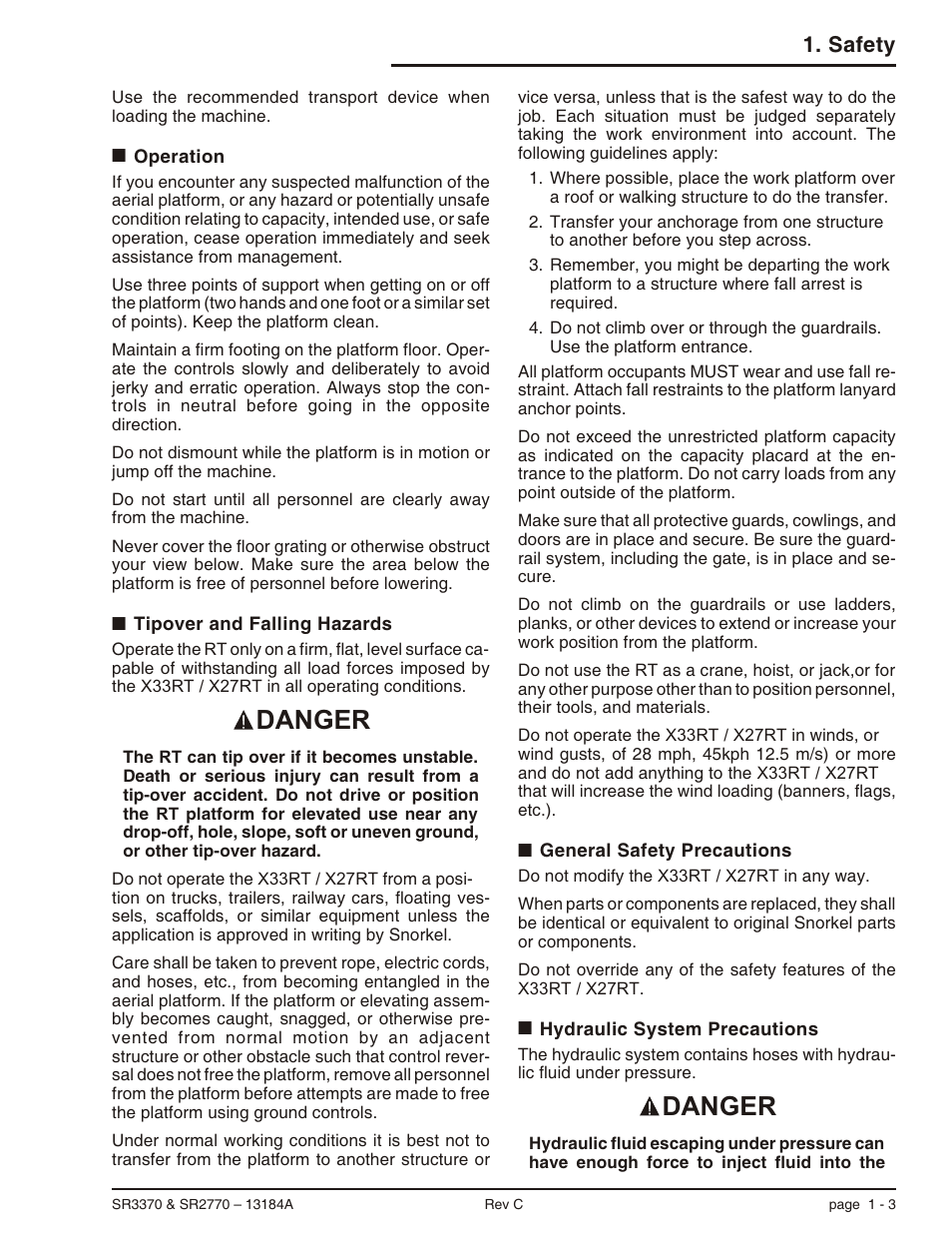 Danger, Safety | Snorkel X33BE-sn10131+V-1 User Manual | Page 14 / 82