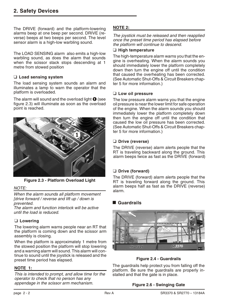 Level sensor 2-2, Lowering 2-2, High temperature 2-2 | Low oil pressure 2-2, Drive (reverse) 2-2, Drive (forward) 2-2, Guardrails 2-2, Safety prop 2-2, Swinging gate 2-2, Drive (forward), 2-2 | Snorkel X33BE-sn10131+V-1 User Manual | Page 21 / 82