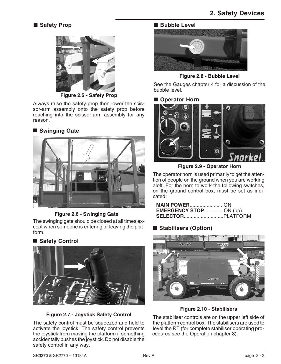 Safety control 2-3, Bubble level 2-3, Operator horn 2-3 | Stabilisers (option) 2-3, Rcd/elcb ac outlet (option) 2-3, Bubble level, 2-3, Joystick safety control, 2-3, Operator horn, 2-3, Rcd/elcb ac outlet, 2-3, Stabilisers, 2-3 | Snorkel X33BE-sn10131+V-1 User Manual | Page 22 / 82