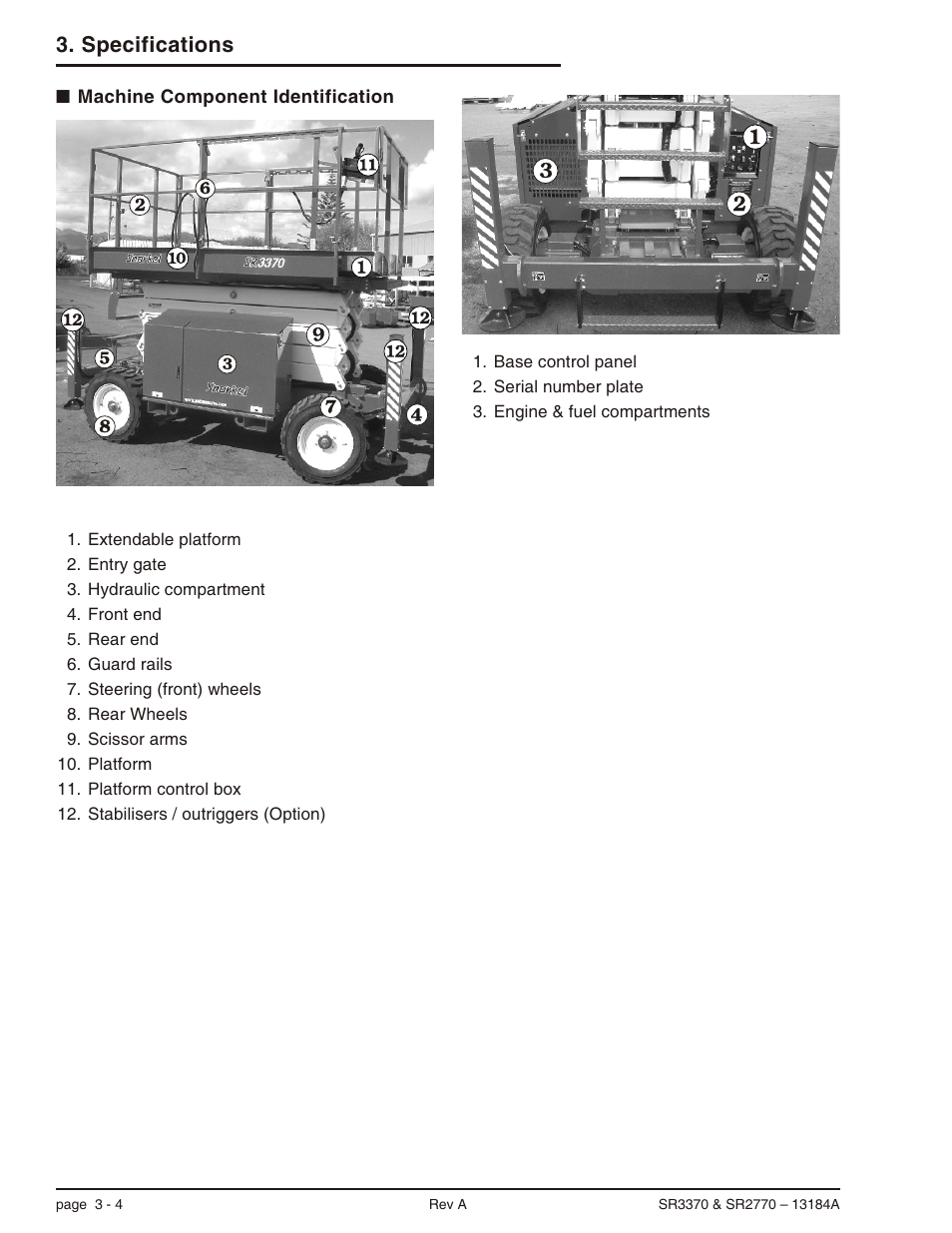 Machine component identification 3-4, Water -1, Specifications | Snorkel X33BE-sn10131+V-1 User Manual | Page 27 / 82