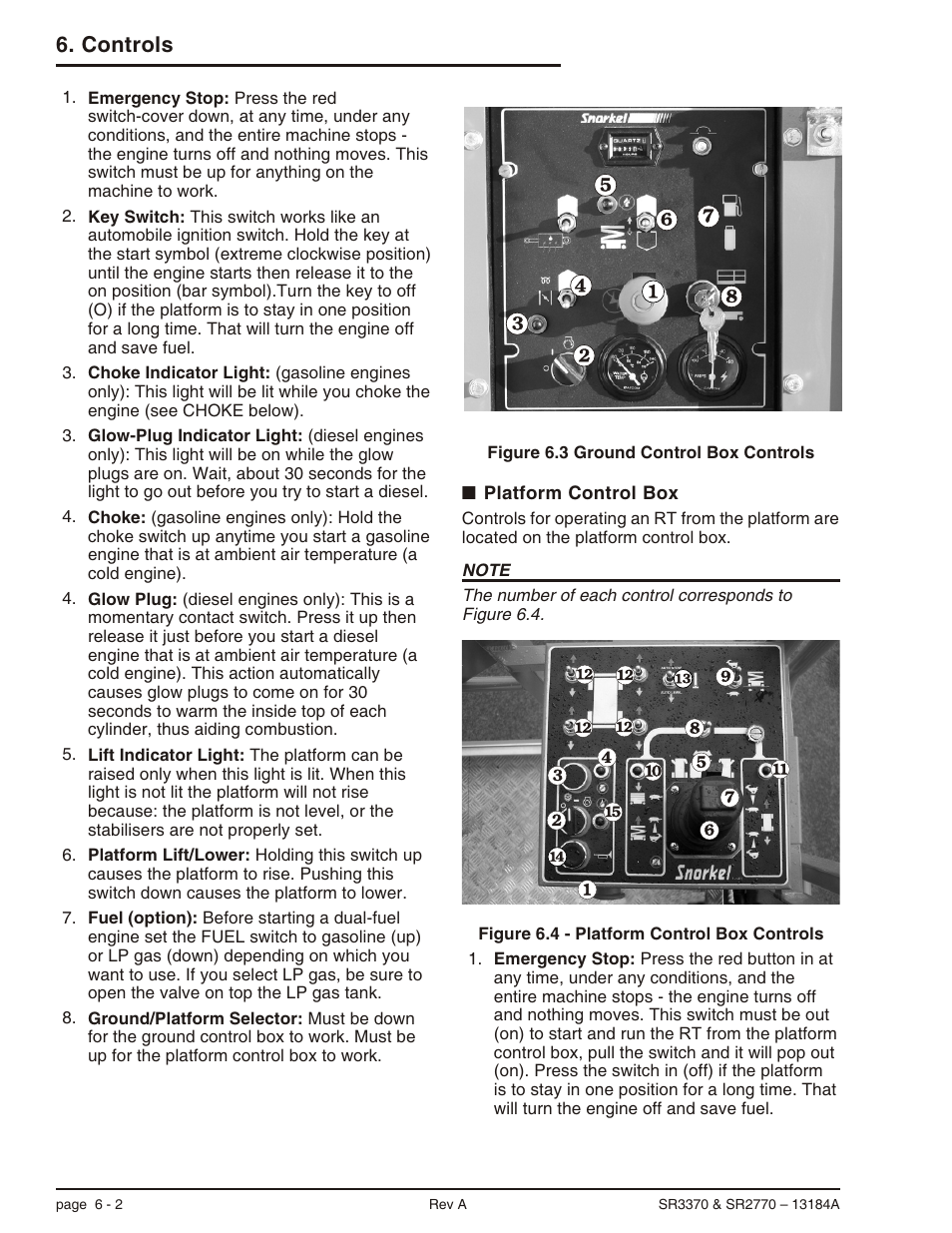 Platform control box 6-2, Choke, 6-2, 6-3, Emergency stop, 6-2, 8-1, 8-2, 8-3, 8-4, 9-1 | Fuel, 6-2, Glow plug, 6-2, 6-3, Ground/platform, 6-2, Key switch, 6-2, Platform lift/lower, 6-2, Lift enable, 6-2, Daily inspection and maintenance table -1 | Snorkel X33BE-sn10131+V-1 User Manual | Page 33 / 82