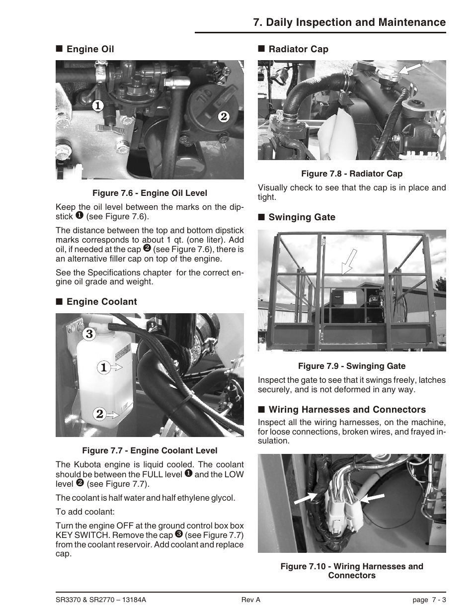 Engine oil 7-3, Engine coolant 7-3, Radiator cap 7-3 | Swinging gate 7-3, Wiring harnesses and connectors 7-3, Daily inspection and maintenance | Snorkel X33BE-sn10131+V-1 User Manual | Page 38 / 82