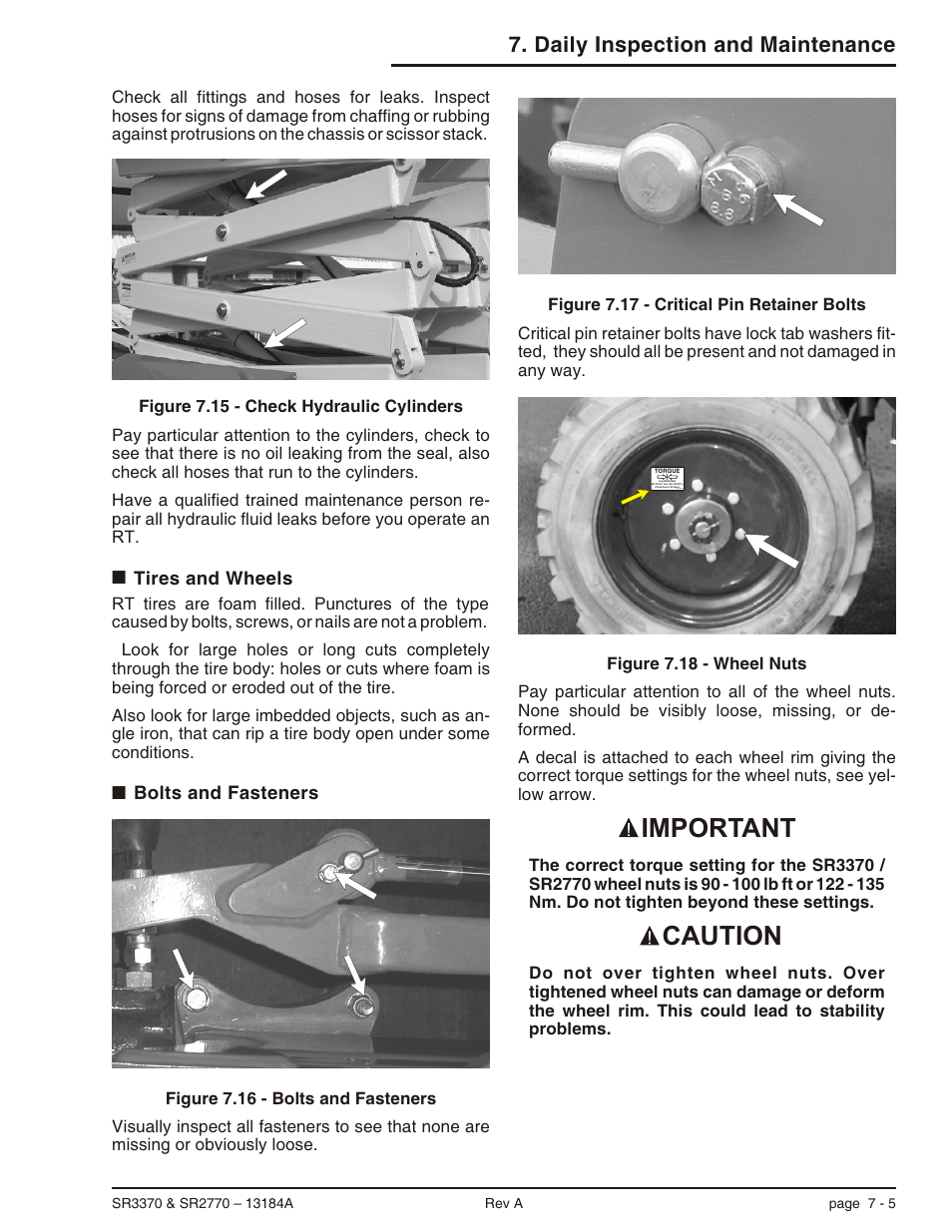 Tires and wheels 7-5, Bolts and fasteners 7-5, Tires and wheels -5 bolts and fasteners -5 | Caution important, Daily inspection and maintenance | Snorkel X33BE-sn10131+V-1 User Manual | Page 40 / 82