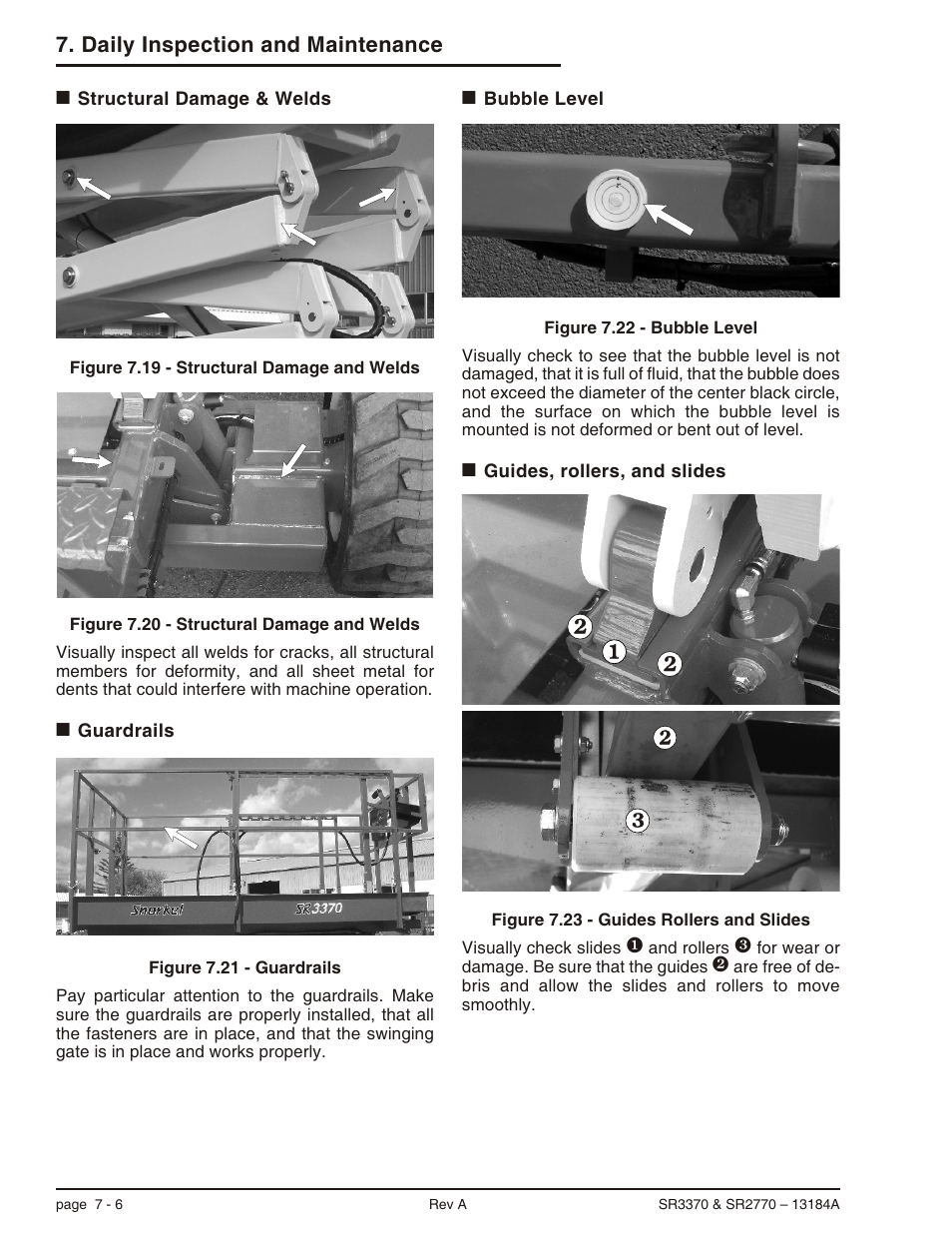 Structural damage & welds 7-6, Guardrails 7-6, Bubble level 7-6 | Guides, rollers, and slides 7-6, Daily inspection and maintenance | Snorkel X33BE-sn10131+V-1 User Manual | Page 41 / 82