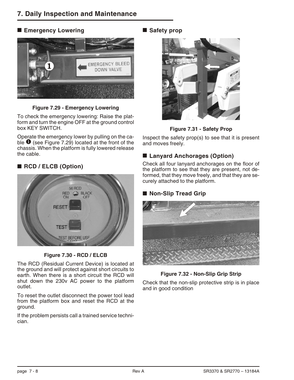Emergency lowering 7-8, Rcd / elcb (option) 7-8, Safety prop 7-8 | Lanyard anchorages (option) 7-8, Non-slip tread grip 7-8, Daily inspection and maintenance | Snorkel X33BE-sn10131+V-1 User Manual | Page 43 / 82