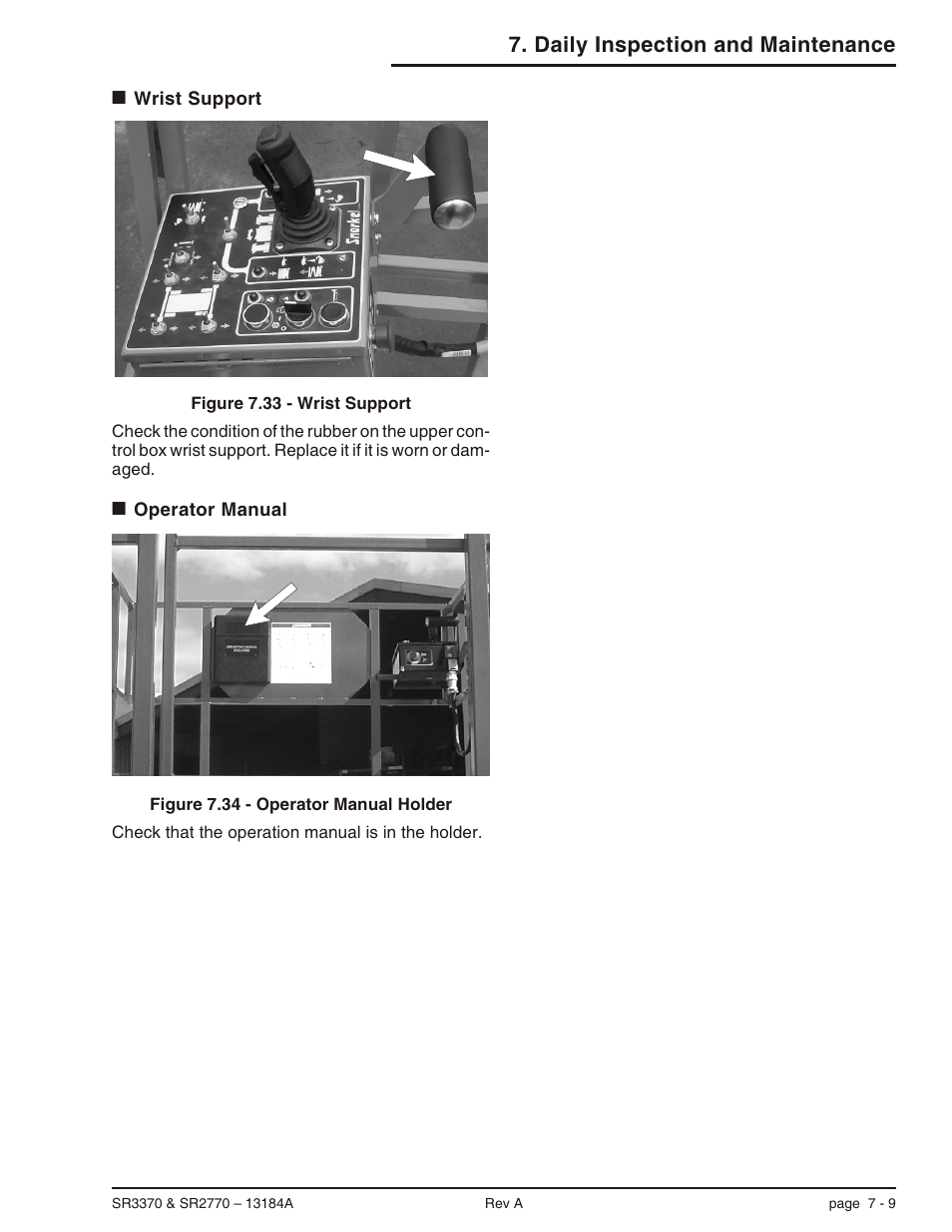 Wrist support 7-9, Operator manual 7-9, Wrist support -9 operator manual -9 | Daily inspection and maintenance | Snorkel X33BE-sn10131+V-1 User Manual | Page 44 / 82