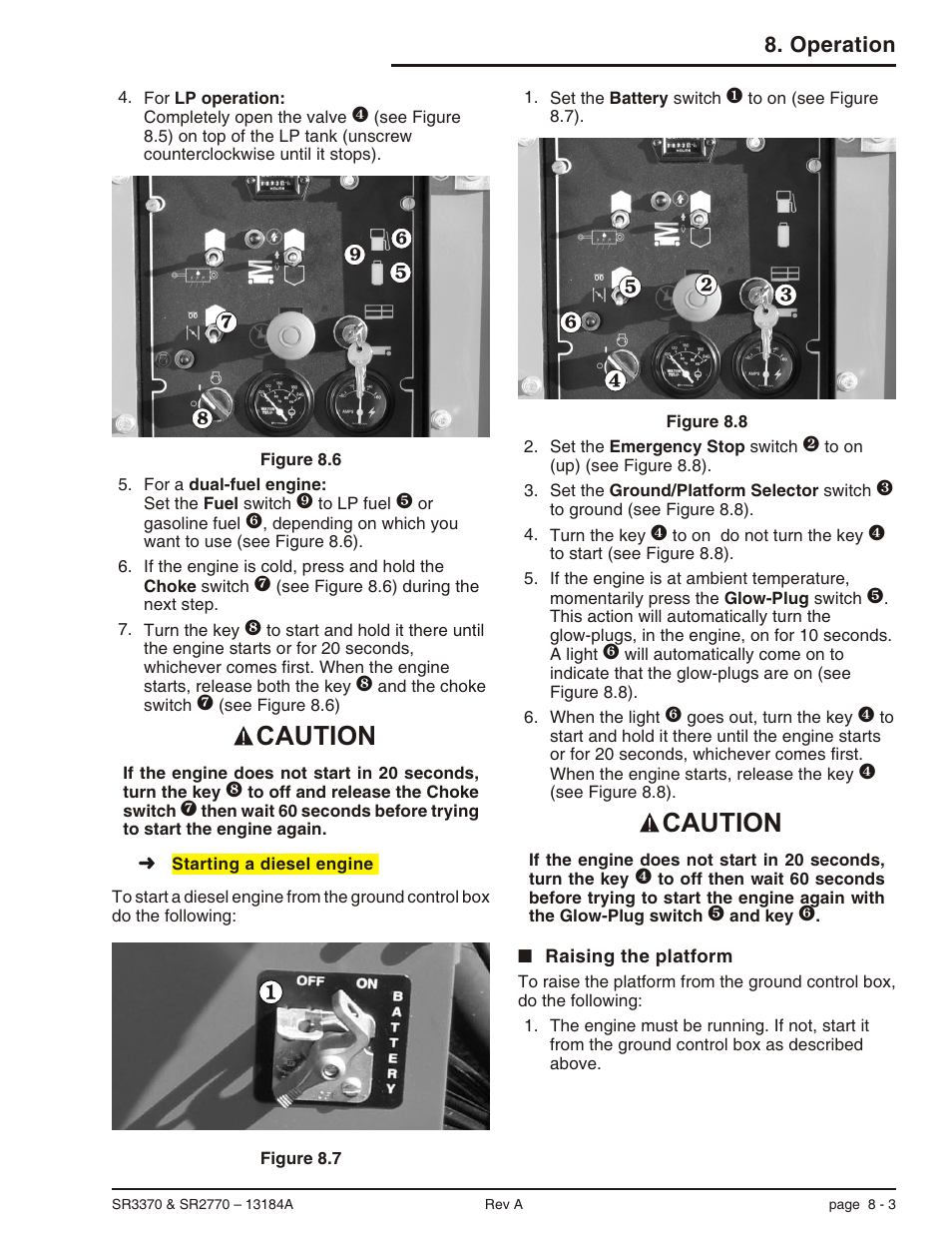 Raising the platform 8-3, Starting a gdiesel engine, 8-3, Raising the platform, 8-3 | Raising the platform -3, Caution, Operation | Snorkel X33BE-sn10131+V-1 User Manual | Page 50 / 82