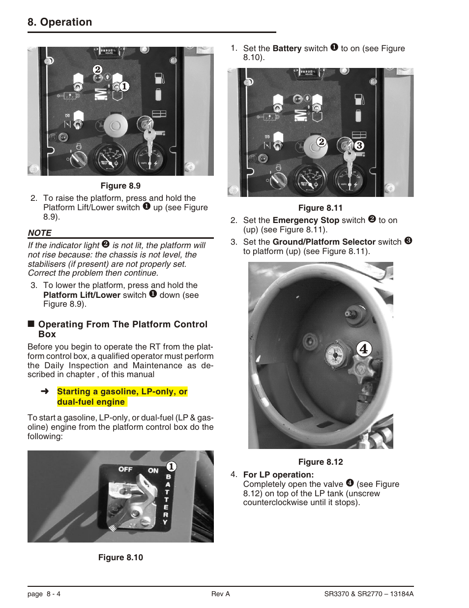 Operating from the platform control box 8-4, Operating from platform controls, 8-4, Starting a gasoline, lp, or duel fuel engine, 8-4 | Operating from the platform control box -4, Operation | Snorkel X33BE-sn10131+V-1 User Manual | Page 51 / 82