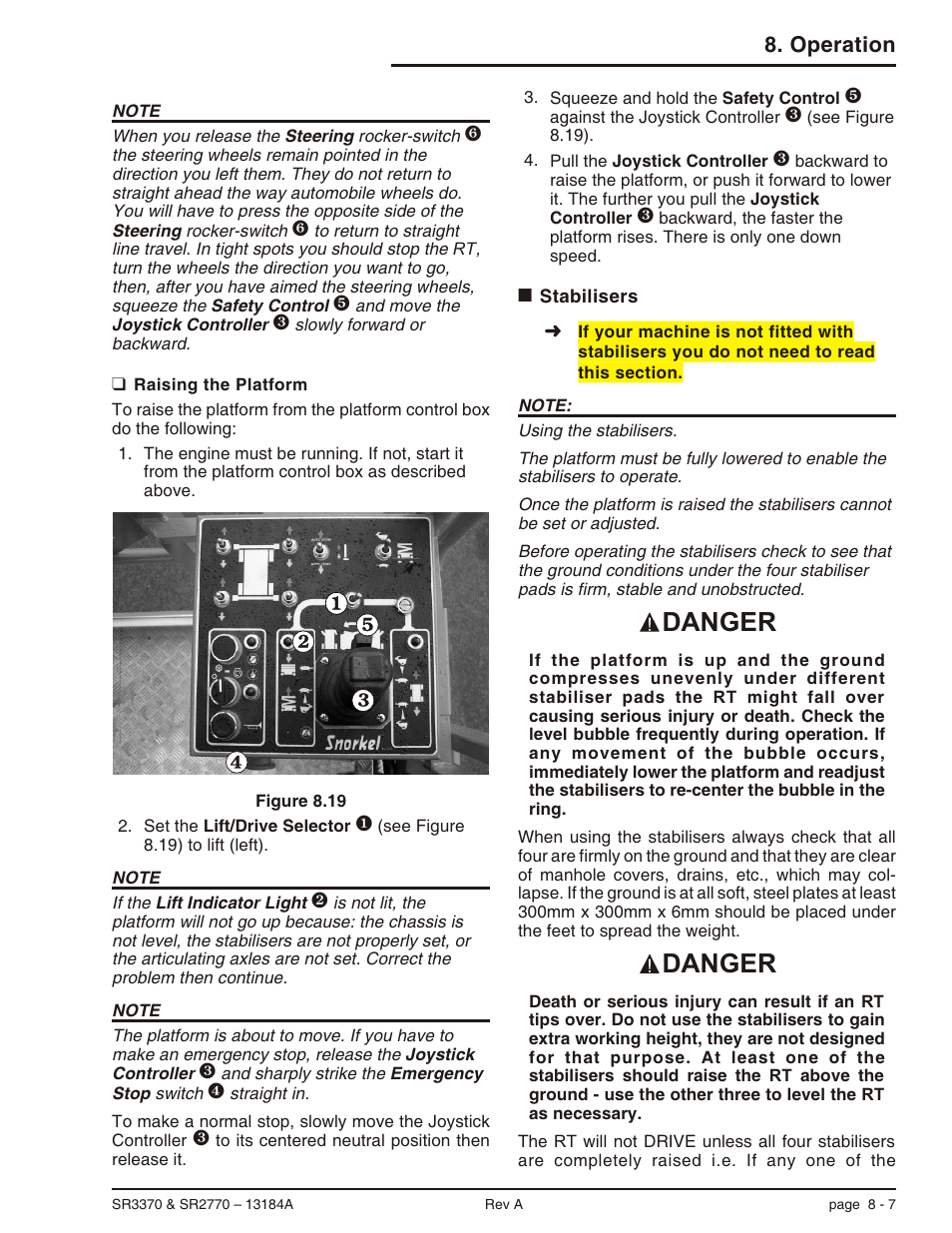 Raising the platform 8-7, Stabilisers 8-7, Raising the platform, 8-7 | Stabilisers, 8-7, Raising the platform -7, Stabilisers -7, Danger, Operation | Snorkel X33BE-sn10131+V-1 User Manual | Page 54 / 82