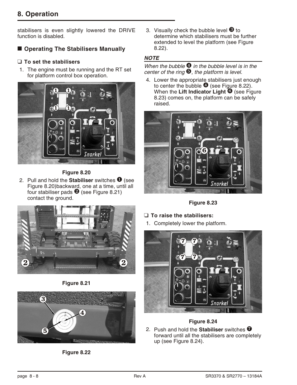 Operating the stabilisers manually 8-8, To set the stabilisers 8-8, To raise the stabilisers: 8-8 | Manual operation, 8-8, Operating the stabilisers manually -8, Operation | Snorkel X33BE-sn10131+V-1 User Manual | Page 55 / 82