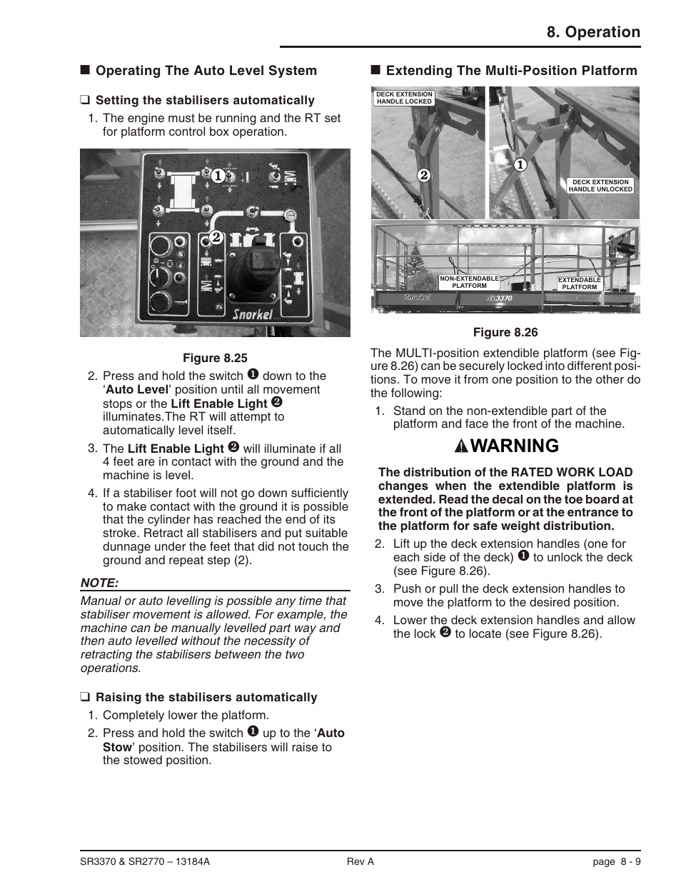 Operating the auto level system 8-9, Setting the stabilisers automatically 8-9, Raising the stabilisers automatically 8-9 | Extending the multi-position platform 8-9, Extending the platform, 8-9, Auto operation, 8-9, Operating the auto level system -9, Extending the multi-position platform -9, Warning, Operation | Snorkel X33BE-sn10131+V-1 User Manual | Page 56 / 82