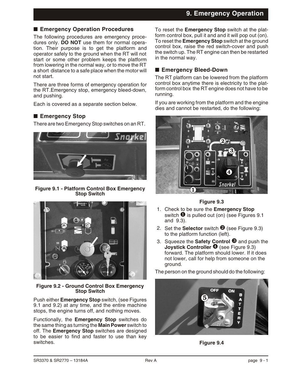 Emergency operation, Emergency operation procedures 9-1, Emergency stop 9-1 | Emergency bleed-down 9-1, Emergency operation, 9-1, Bleed down, 9-1, Emergency stop, 9-1 | Snorkel X33BE-sn10131+V-1 User Manual | Page 58 / 82
