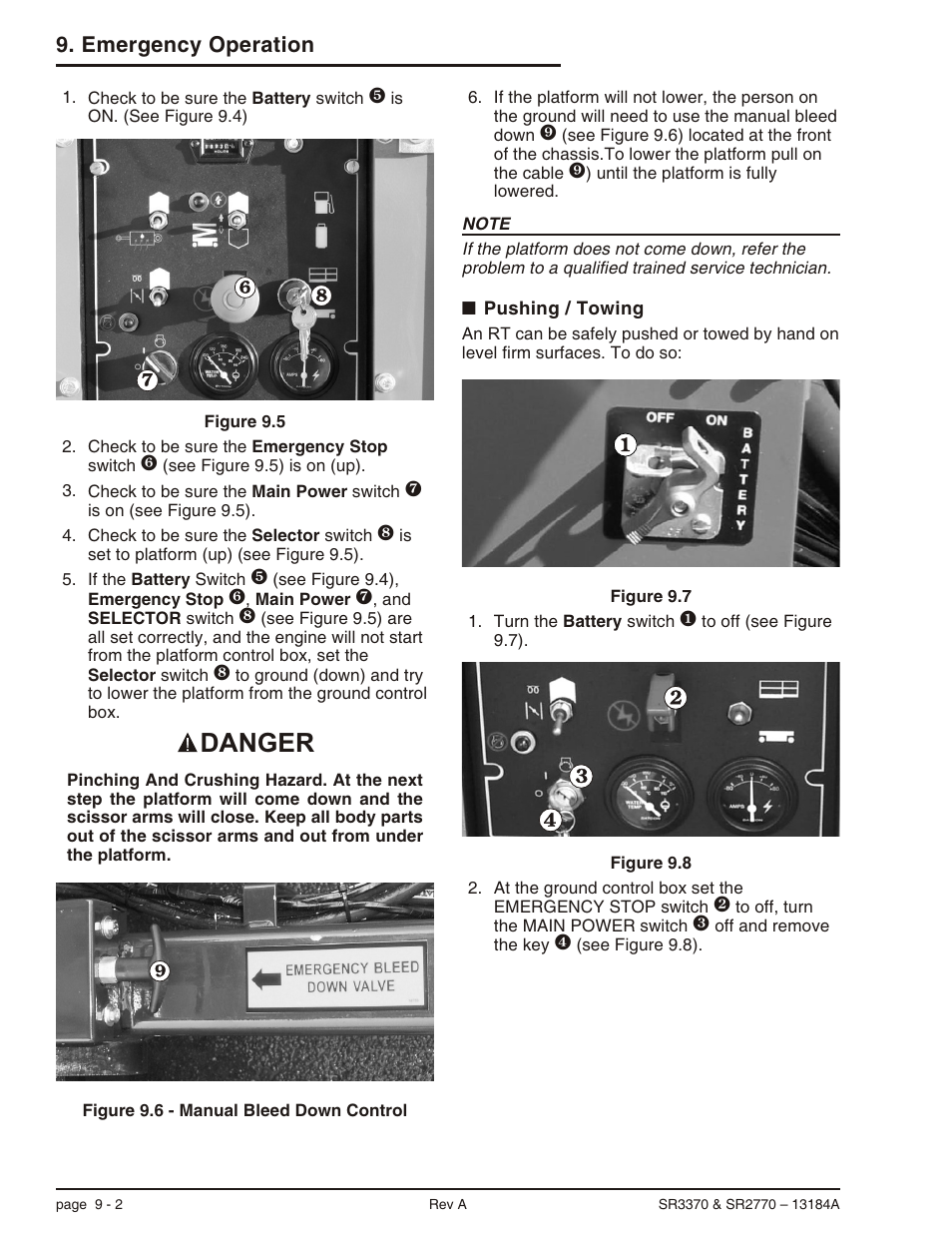 Pushing / towing 9-2, Pushing, 9-2, Pushing / towing -2 | Danger, Emergency operation | Snorkel X33BE-sn10131+V-1 User Manual | Page 59 / 82