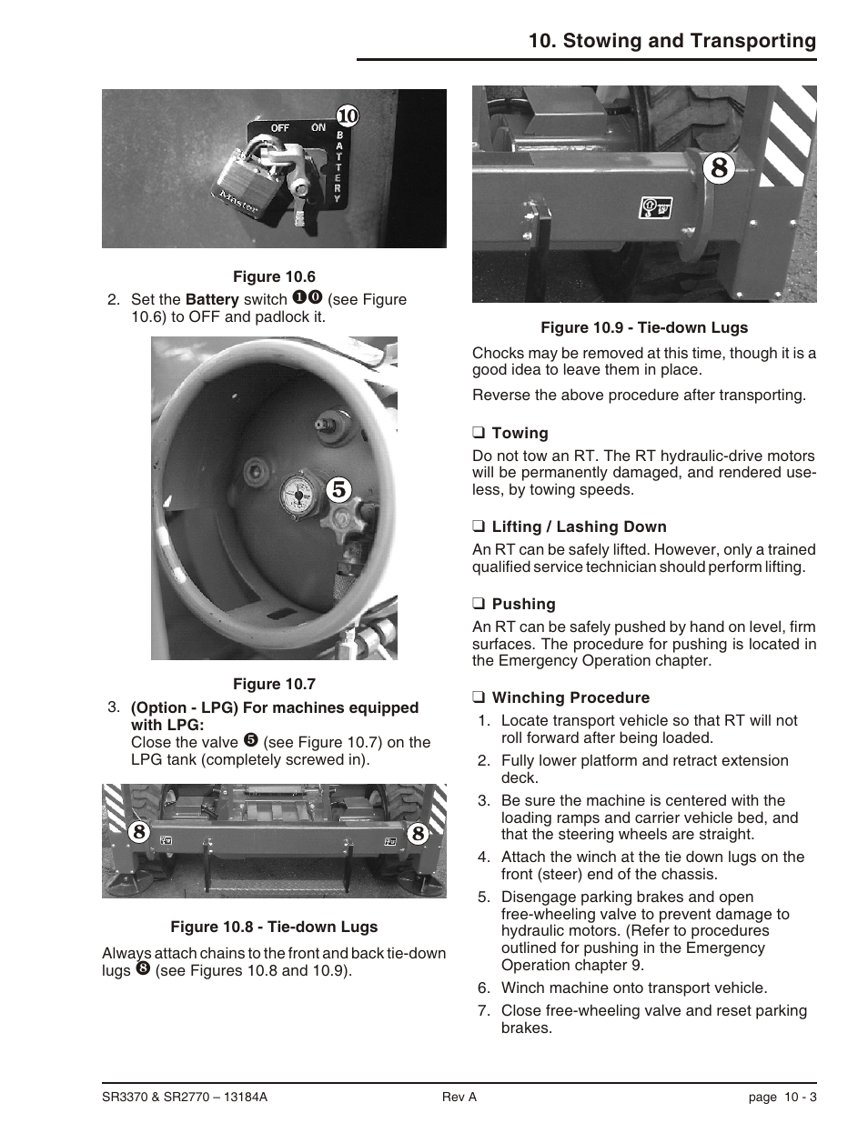 Towing 10-3, Lifting / lashing down 10-3, Pushing 10-3 | Winching procedure 10-3, Pushing, 10-3, Towing, 10-3, Winching, 10-3, Stowing and transporting | Snorkel X33BE-sn10131+V-1 User Manual | Page 64 / 82