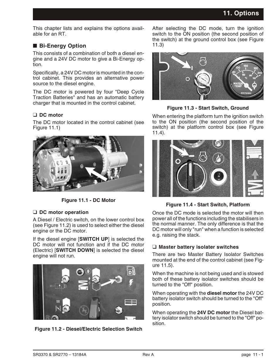 Options, Bi-energy option 11-1, Dc motor 11-1 | Dc motor operation 11-1, Master battery isolater switches 11-1, Bi-en ergy option -1 | Snorkel X33BE-sn10131+V-1 User Manual | Page 66 / 82