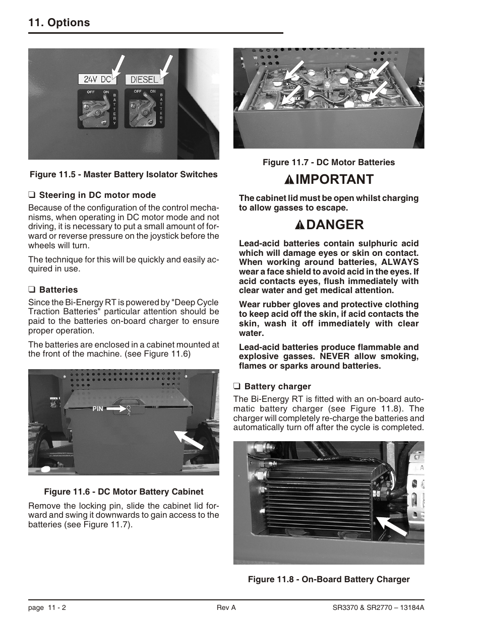 Steering in dc motor mode 11-2, Batteries 11-2, Battery charger 11-2 | Important danger, Options | Snorkel X33BE-sn10131+V-1 User Manual | Page 67 / 82