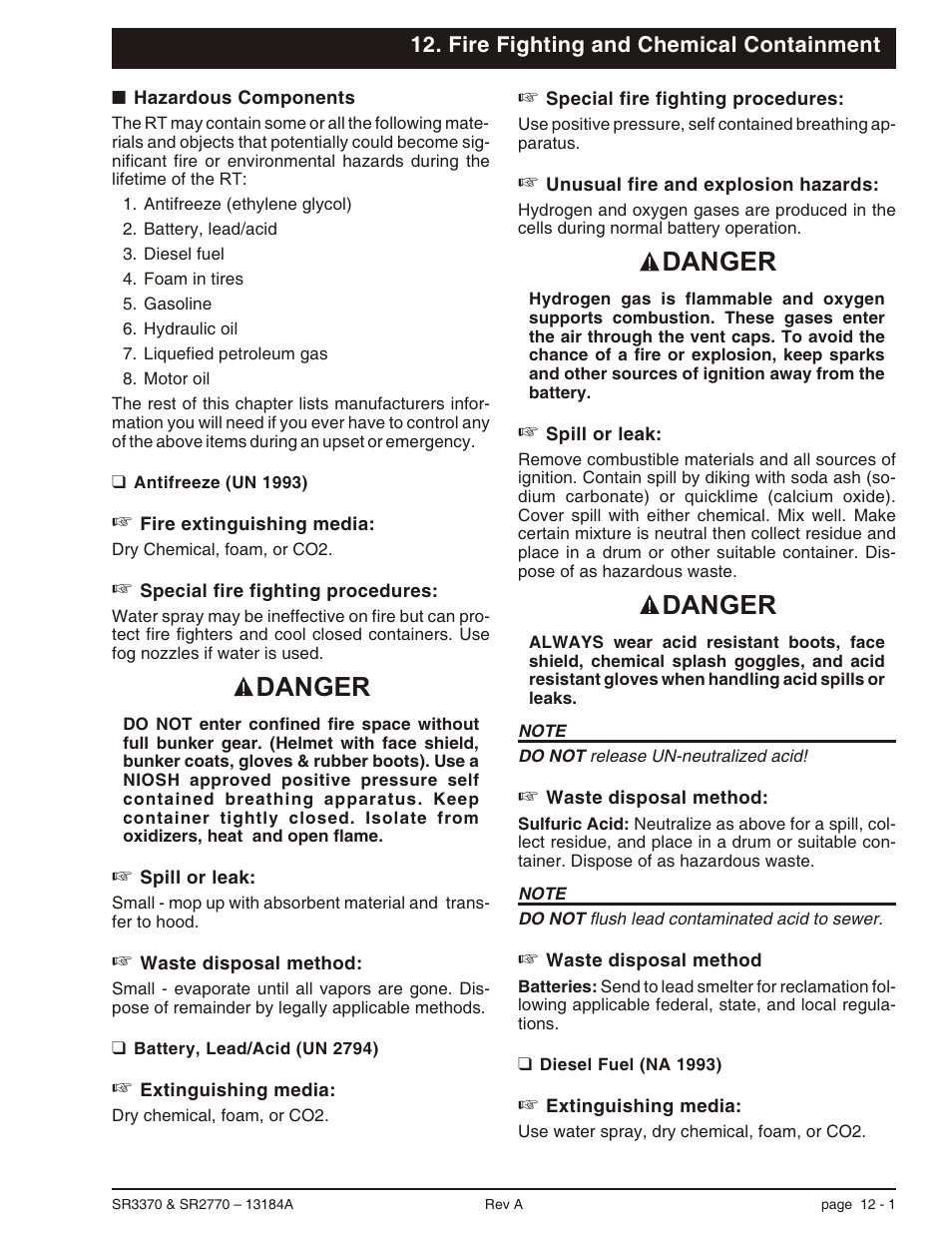 Fire fighting and chemical containment, Hazardous components 12-1, Antifreeze (un 1993) 12-1 | Battery, lead/acid (un 2794) 12-1, Diesel fuel (na 1993) 12-1, Hazardous components, 12-1, Antifreeze, 12-1, Battery lead/acid, 12-1, Diesel fuel, 12-1, Hazardous components -1 | Snorkel X33BE-sn10131+V-1 User Manual | Page 70 / 82