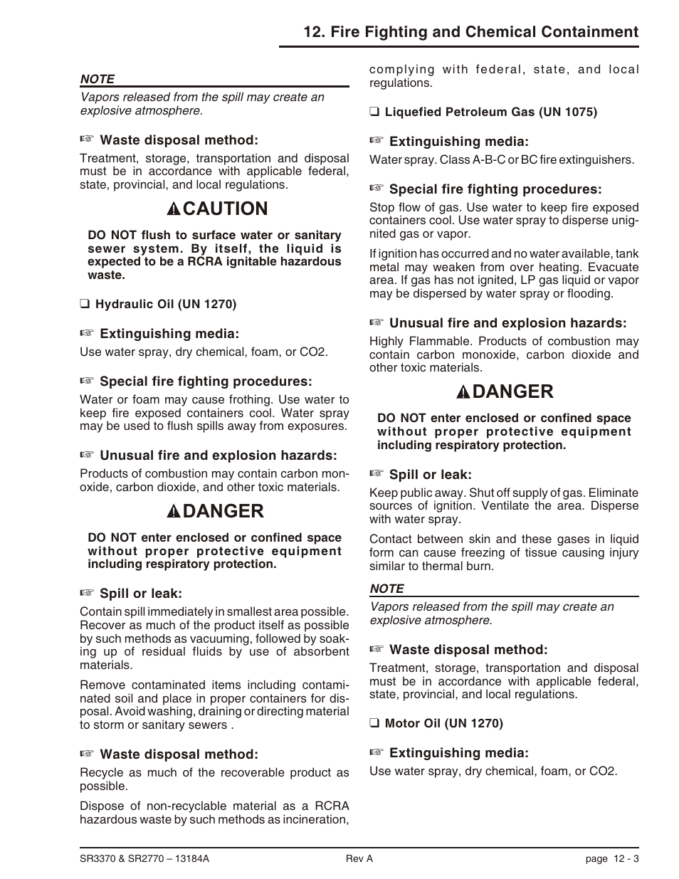 Hydraulic oil (un 1270) 12-3, Liquefied petroleum gas (un 1075) 12-3, Motor oil (un 1270) 12-3 | Hydraulic oil, 12-3, Liquefied petroleum gas, 12-3, Motor oil, 12-3, Caution danger danger | Snorkel X33BE-sn10131+V-1 User Manual | Page 72 / 82