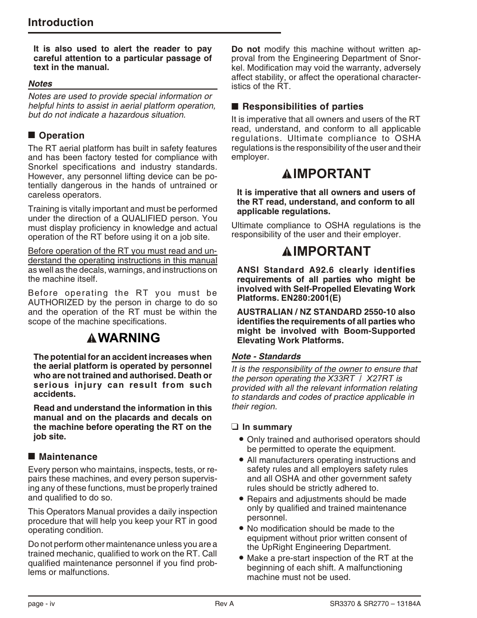 Important, Warning, Introduction | Snorkel X33BE-sn10131+V-1 User Manual | Page 8 / 82