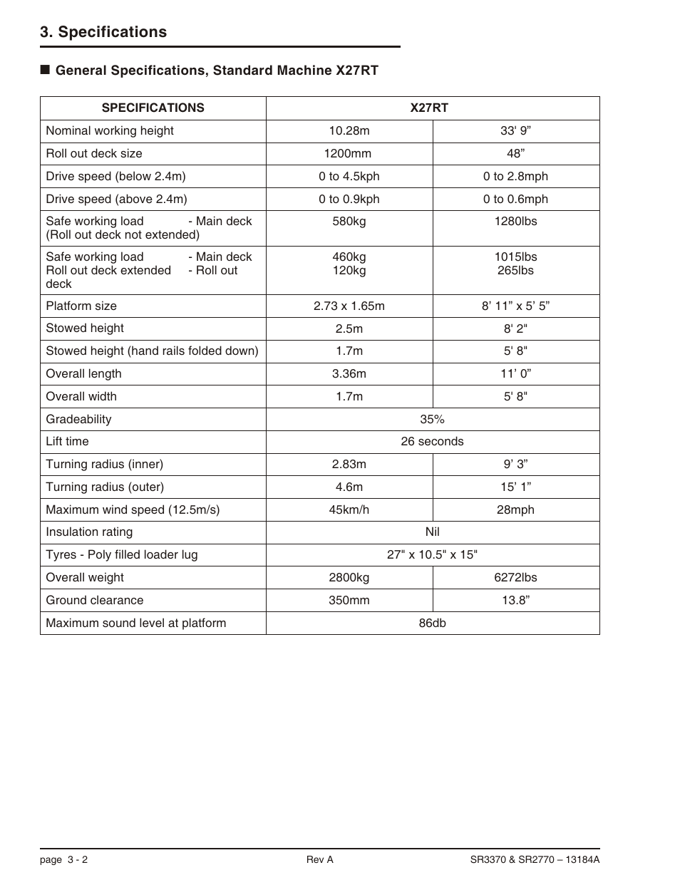 General specifications sr2770, 3-2, Engine data, Df752 -3 | Specifications | Snorkel X33BE-sn10131+V-2 User Manual | Page 25 / 82