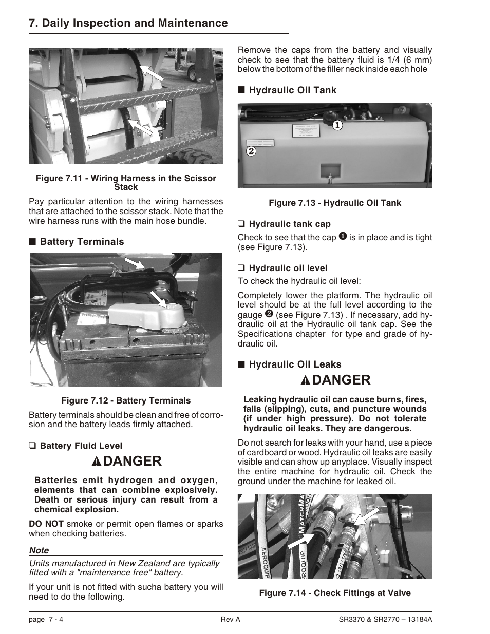 Battery terminals 7-4, Battery fluid level 7-4, Hydraulic oil tank 7-4 | Hydraulic tank cap 7-4, Hydraulic oil level 7-4, Hydraulic oil leaks 7-4, Battery terminals -4, Battery fluid level -4, Hydraulic oil tank -4, Hydraulic tank cap -4 hydraulic oil level -4 | Snorkel X33BE-sn10131+V-2 User Manual | Page 39 / 82