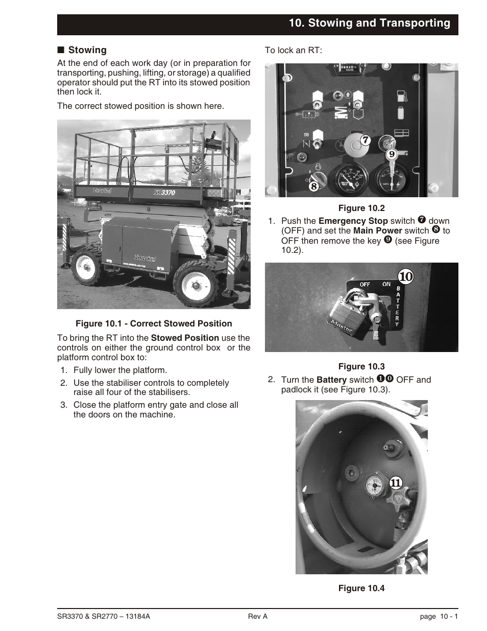 Stowing and transporting, Stowing 10-1, Stowing the sr, 10-1 | Stowing -1 | Snorkel X33BE-sn10131+V-2 User Manual | Page 62 / 82