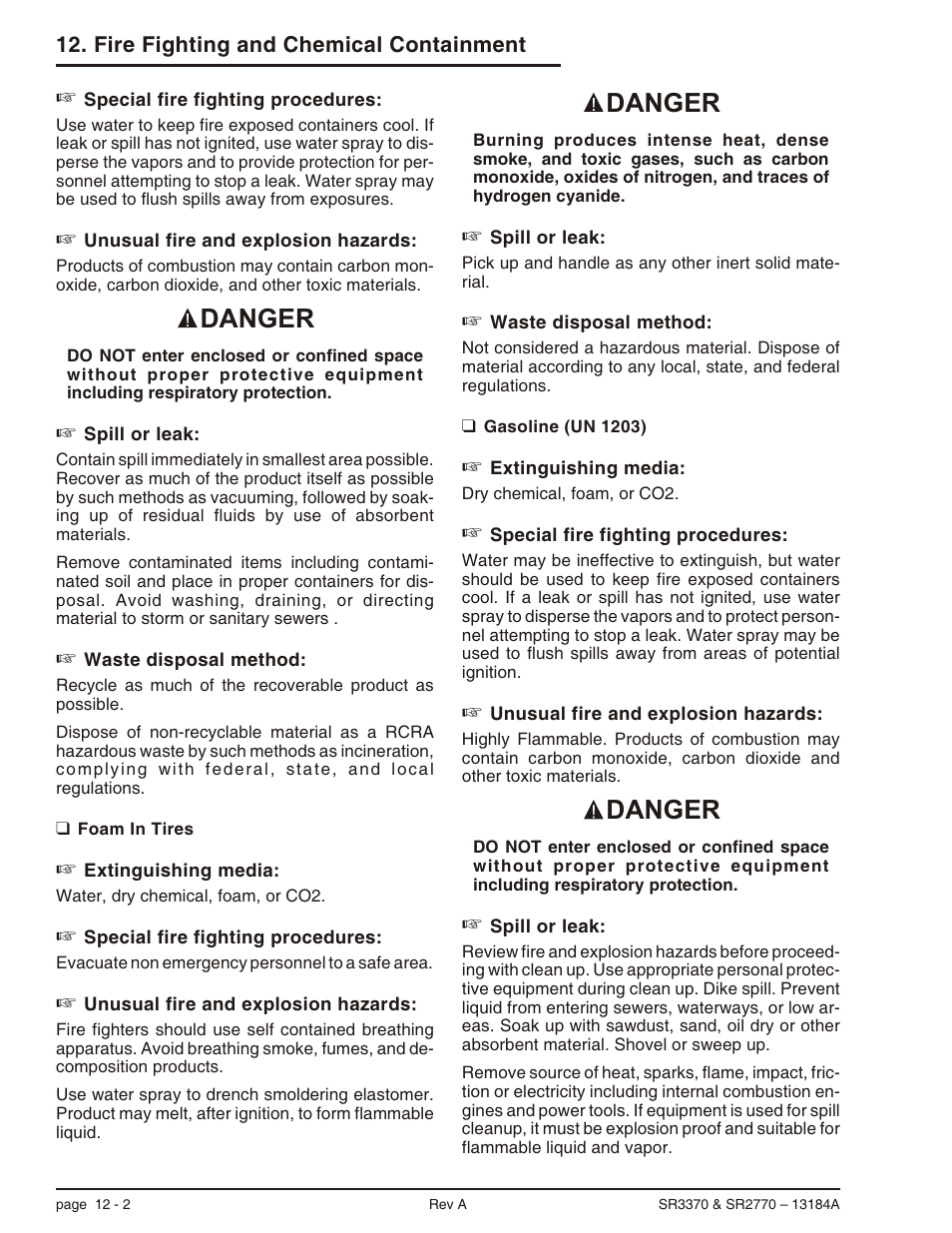 Foam in tires 12-2, Gasoline (un 1203) 12-2, Foam in tyres, 12-2 | Gasoline, 12-2, Foam in tires -2 gasoline (un 1203) -2, Danger | Snorkel X33BE-sn10131+V-2 User Manual | Page 71 / 82