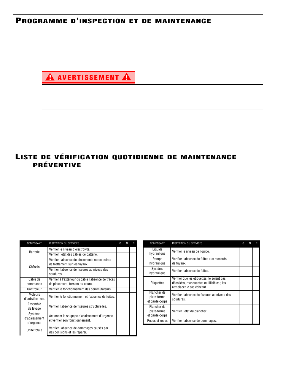 Rogramme, Inspection, Maintenance | Iste, Vérification, Quotidienne, Préventive | Snorkel X32-sn50322-53099 User Manual | Page 64 / 114