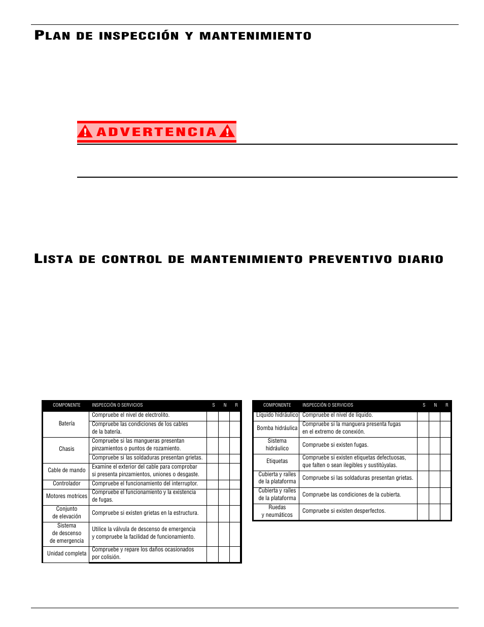 Inspección, Mantenimiento, Ista | Control, Preventivo, Diario | Snorkel X32-sn50322-53099 User Manual | Page 85 / 114