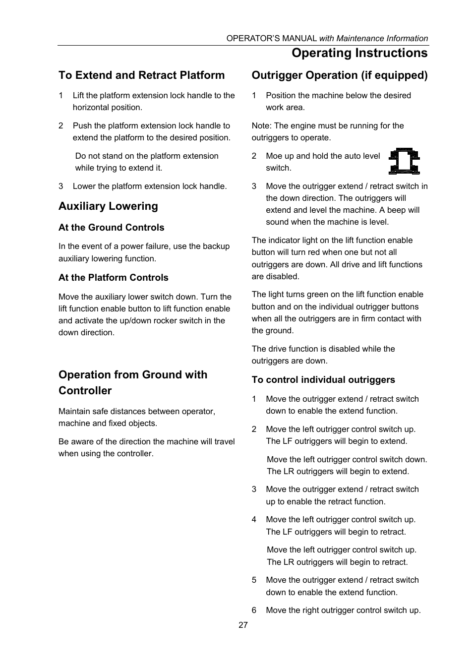 Operating instructions, Auxiliary lowering, Operation from ground with controller | Outrigger operation (if equipped) | Snorkel X52RT-sn10000+ User Manual | Page 32 / 54