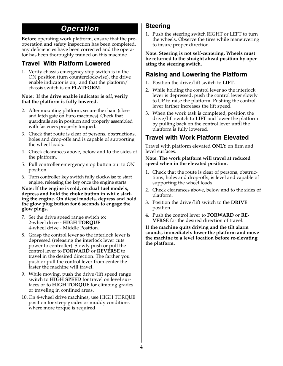 Operation, Steering, Raising and lowering the platform | Travel with work platform elevated, Travel with platform lowered | Snorkel XRT33-sn1000-2299ANSI User Manual | Page 4 / 12