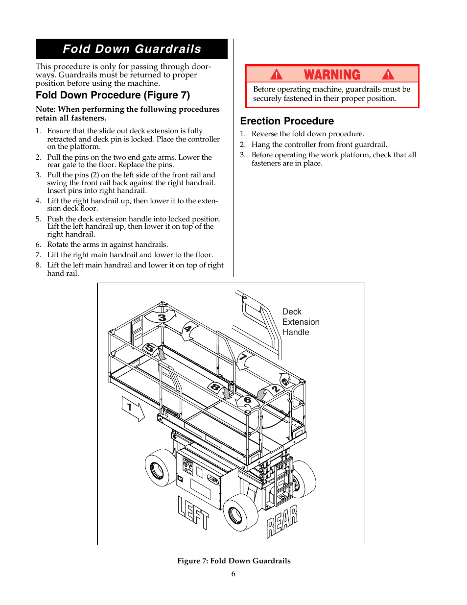 Fold down guardrails, Fold down procedure (figure 7), Erection procedure | Snorkel XRT33-sn1000-2299ANSI User Manual | Page 6 / 12