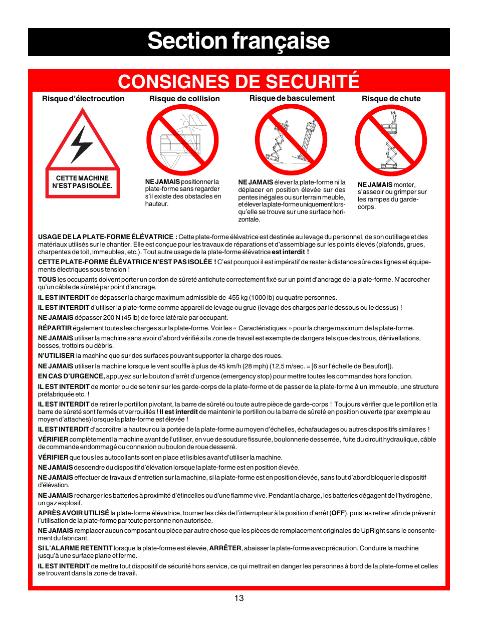 Consignes de securité | Snorkel XRT33-sn1000-2299CE User Manual | Page 13 / 52