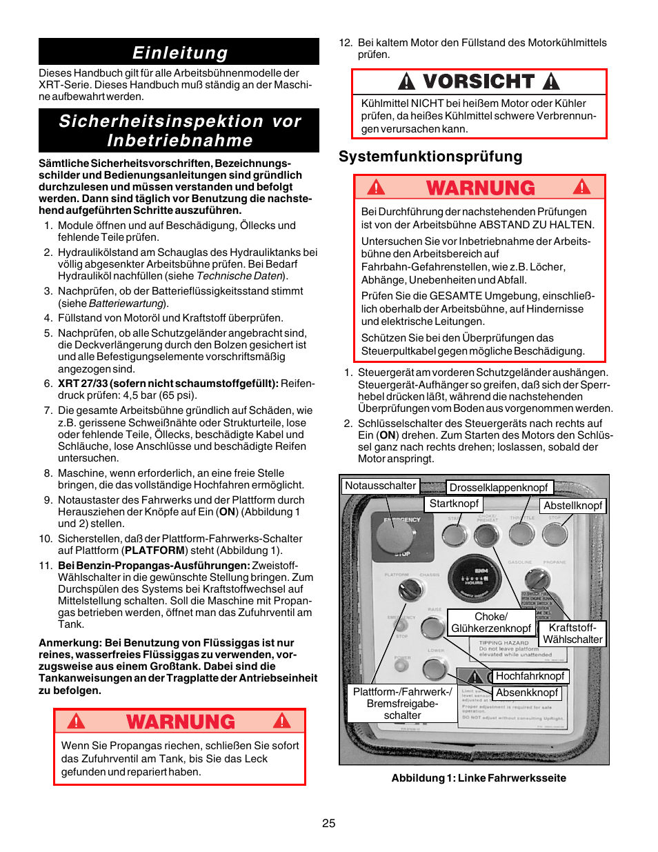 Einleitung, Sicherheitsinspektion vor inbetriebnahme, Systemfunktionsprüfung | Snorkel XRT33-sn1000-2299CE User Manual | Page 25 / 52