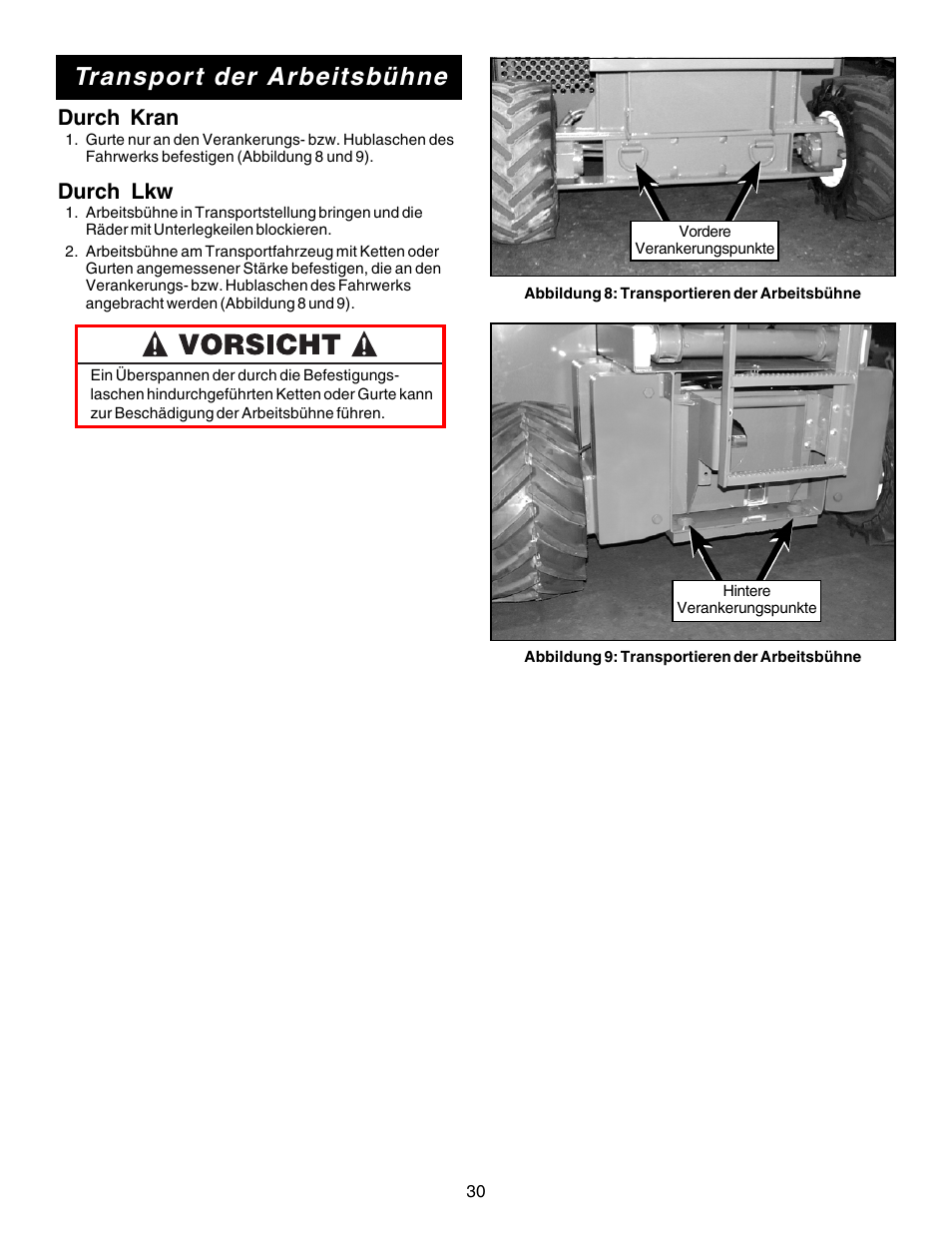 Transpor t der arbeitsbühne, Durch kran, Durch lkw | Snorkel XRT33-sn1000-2299CE User Manual | Page 30 / 52