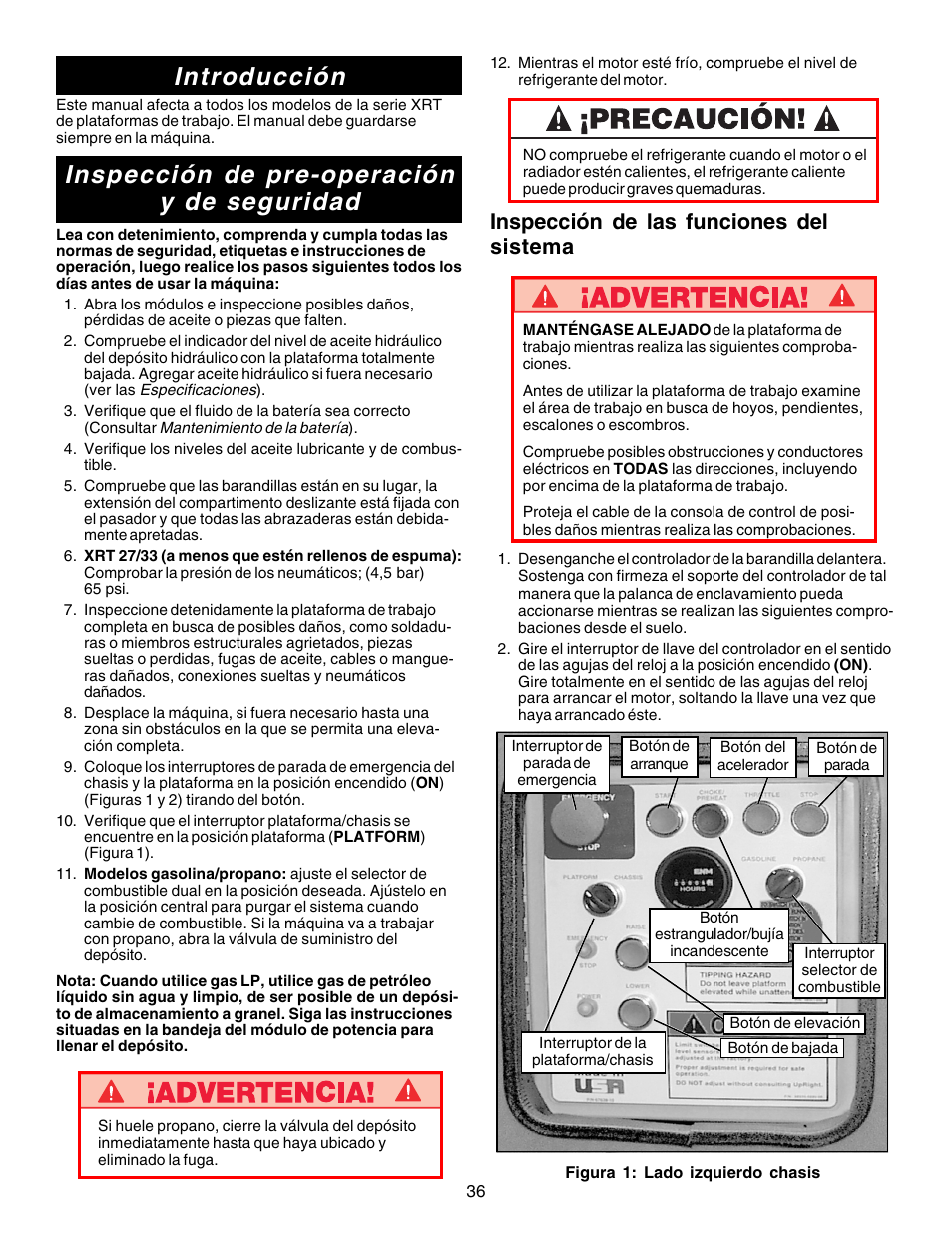 Introducción, Inspección de pre-operación y de seguridad, Inspección de las funciones del sistema | Snorkel XRT33-sn1000-2299CE User Manual | Page 36 / 52