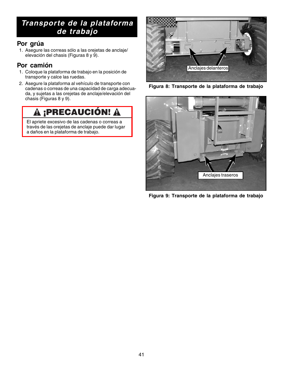 Transpor te de la plataforma de trabajo, Por grúa, Por camión | Snorkel XRT33-sn1000-2299CE User Manual | Page 41 / 52