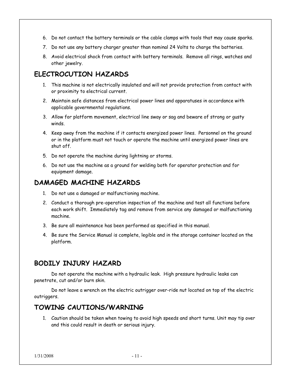 Electrocution hazards, Damaged machine hazards, Bodily injury hazard | Towing cautions/warning | Snorkel XT24AL-sn10000+ User Manual | Page 10 / 52