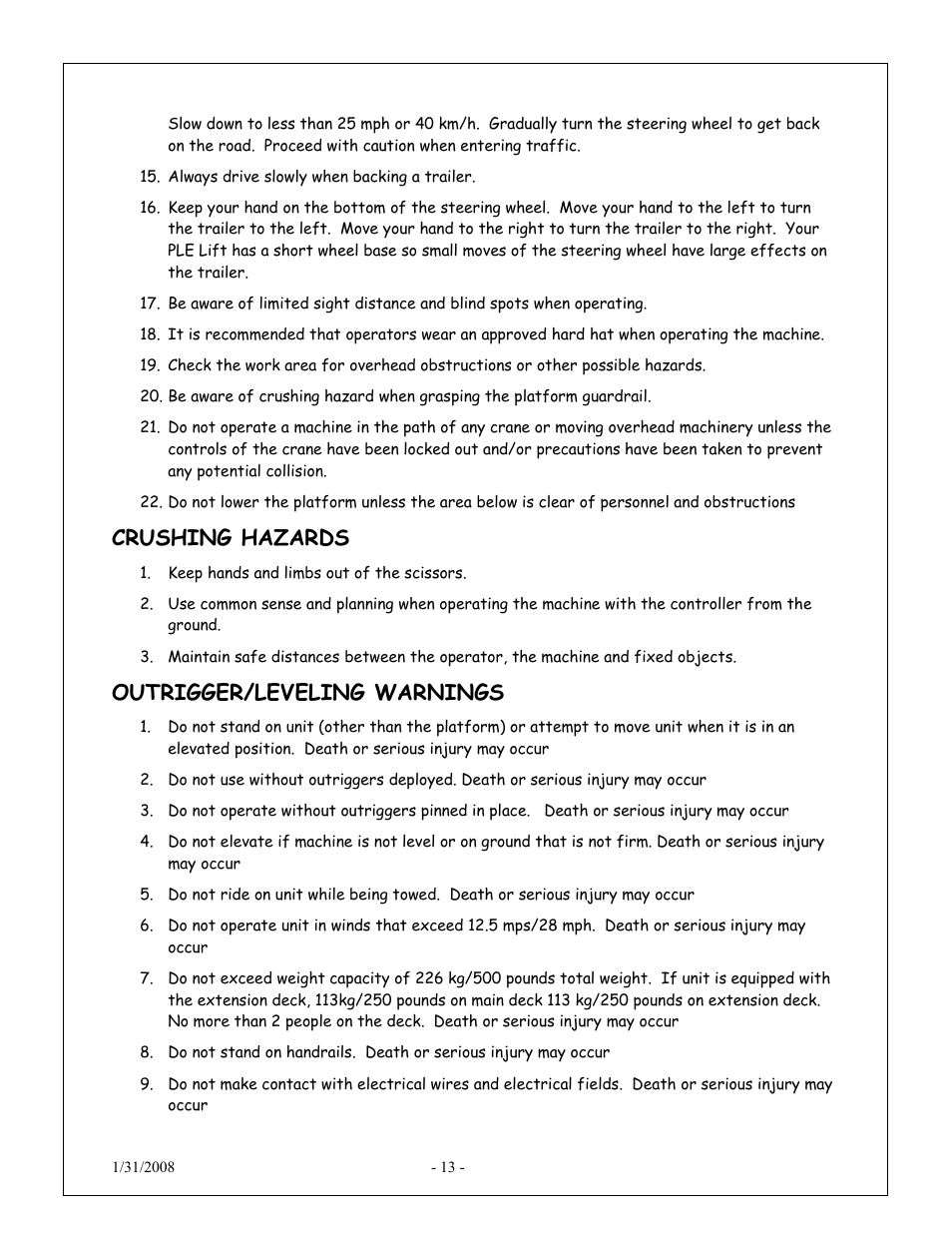 Crushing hazards, Outrigger/leveling warnings | Snorkel XT24AL-sn10000+ User Manual | Page 12 / 52