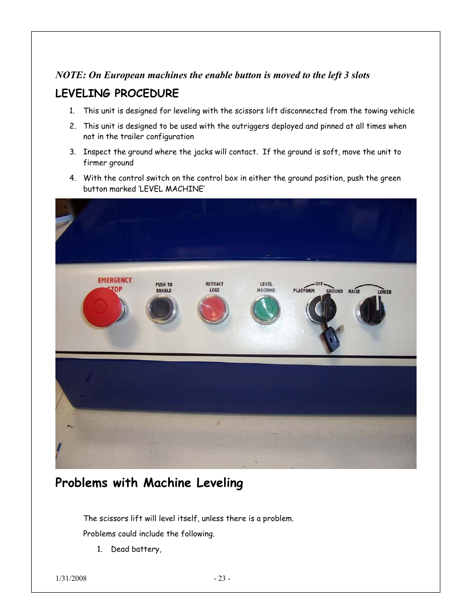 Problems with machine leveling, Leveling procedure | Snorkel XT24AL-sn10000+ User Manual | Page 22 / 52