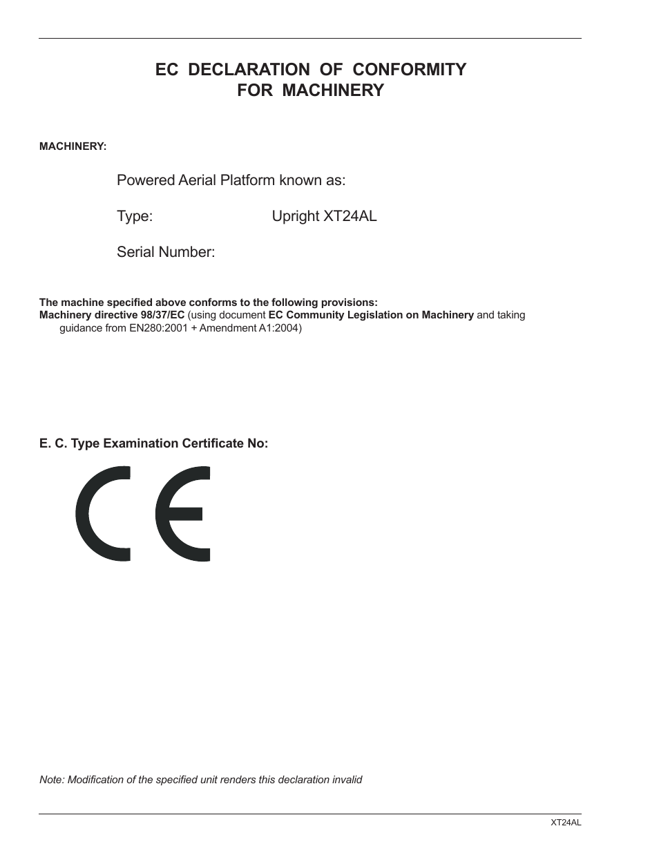 Ec declaration of conformity for machinery | Snorkel XT24AL-sn10000+ User Manual | Page 3 / 52